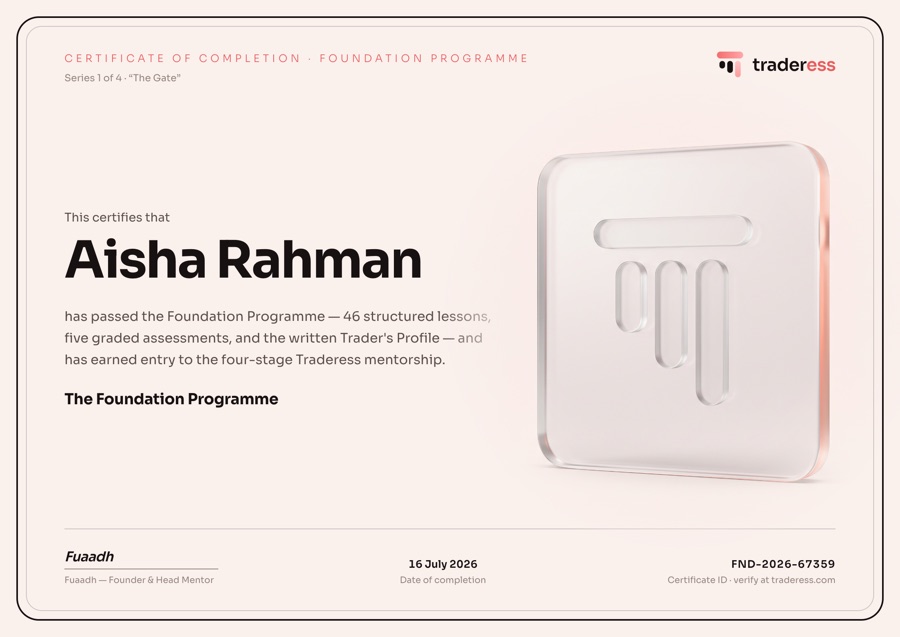 Sample Traderess Foundation certificate, issued to the example student Aisha Rahman.