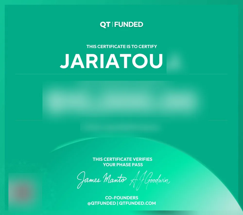 Quant Tekel certificate awarded to Jariatou, with the account size and verification QR code redacted
