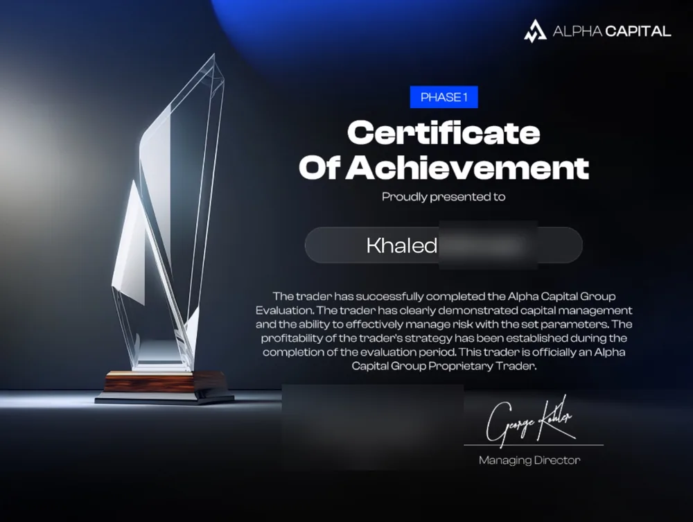 Alpha Capital Group certificate awarded to Khaled, with surname and issue date redacted