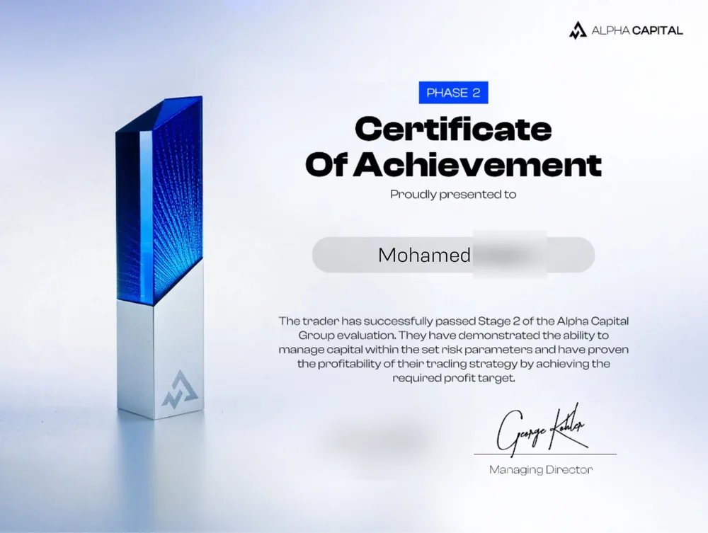 Alpha Capital Group certificate awarded to Mohamed, with surname and issue date redacted