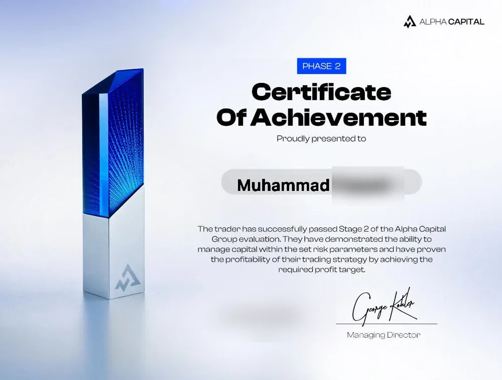 Alpha Capital Group certificate awarded to Muhammad, with surname and issue date redacted