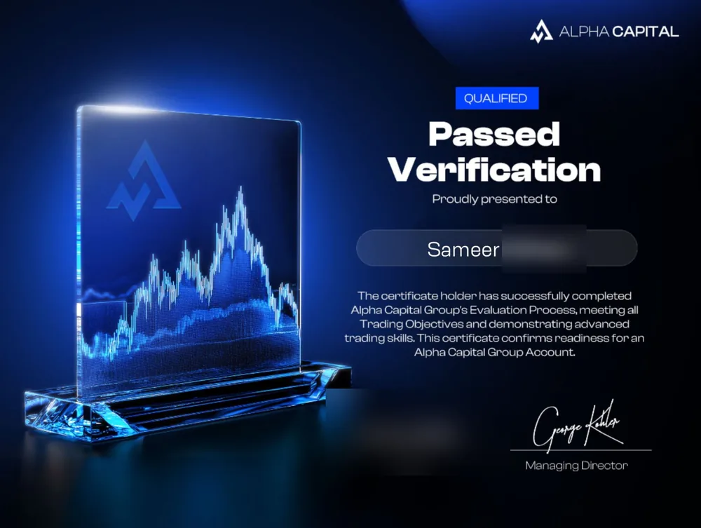 Alpha Capital Group certificate awarded to Sameer, with surname and issue date redacted